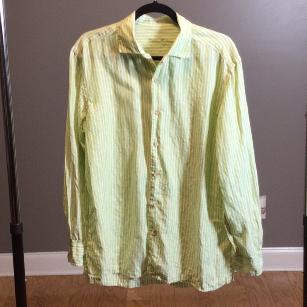 M Tommy Bahama Linen Light Green Stripe Button-Down Shirt